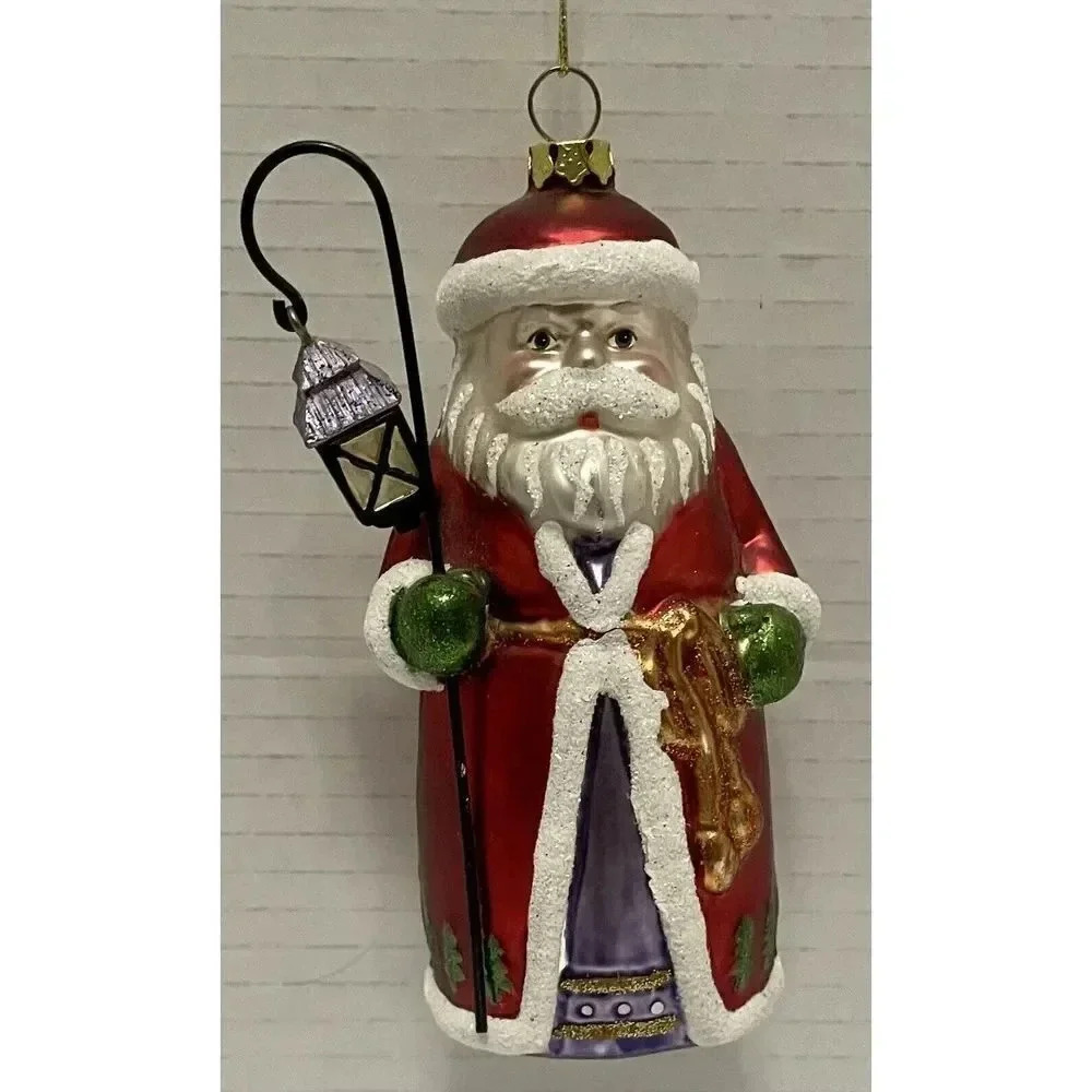 Santa Holding Lantern On Staff Glass Christmas Ornament 5 Inch Unique